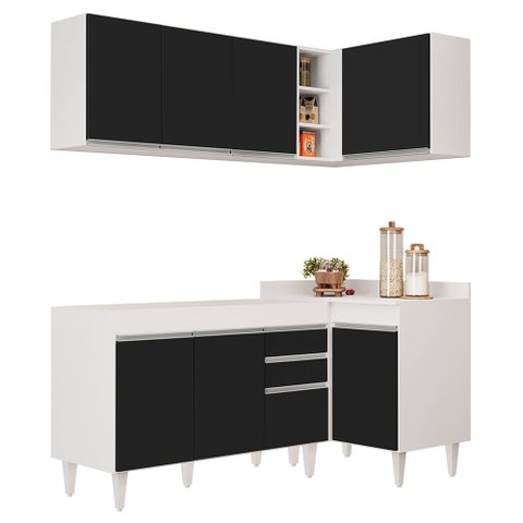 Armário de Cozinha Modulado de Canto Esquerdo 4 Peças Cp46 Balcão sem Tampo Branco/preto - Lumil Lum