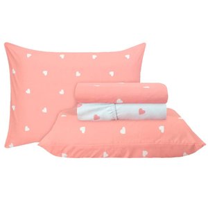 Jogo de Cama Duplo Casal 4 Peças Percal 180 Fios Coração Rose Sonhare Prata