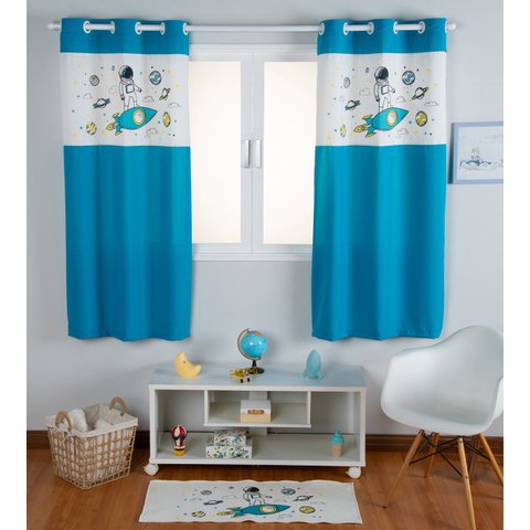 Cortina Infantil Estampada Astronauta 2,00x1,70m Turquesa FASTLAR CORTINA DE COZINHA