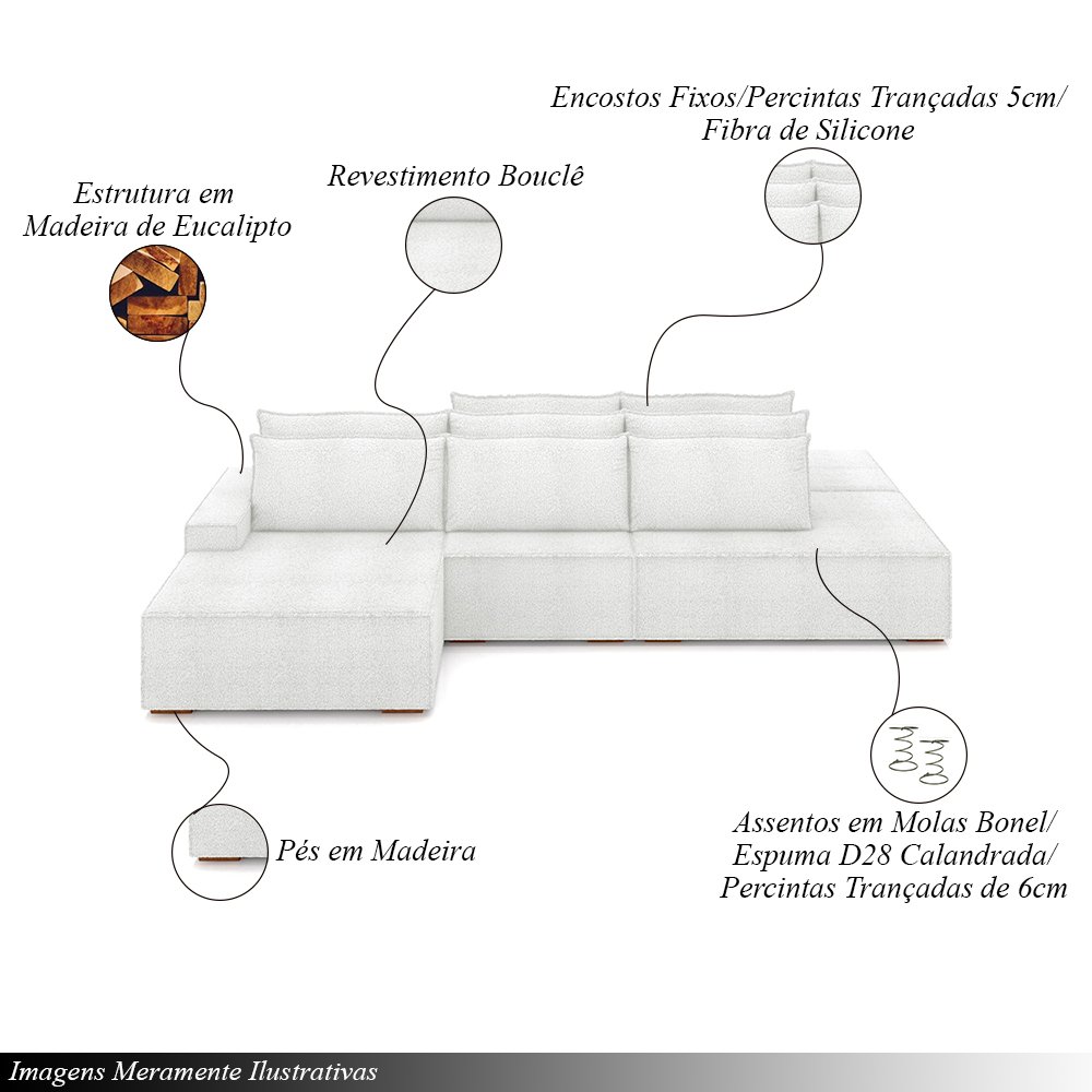 Sofá Ilha com Encosto e Almofadas Delta 395cm Modulado Chaise e Puffs Bouclê Off White G52 - Gran Be - 3