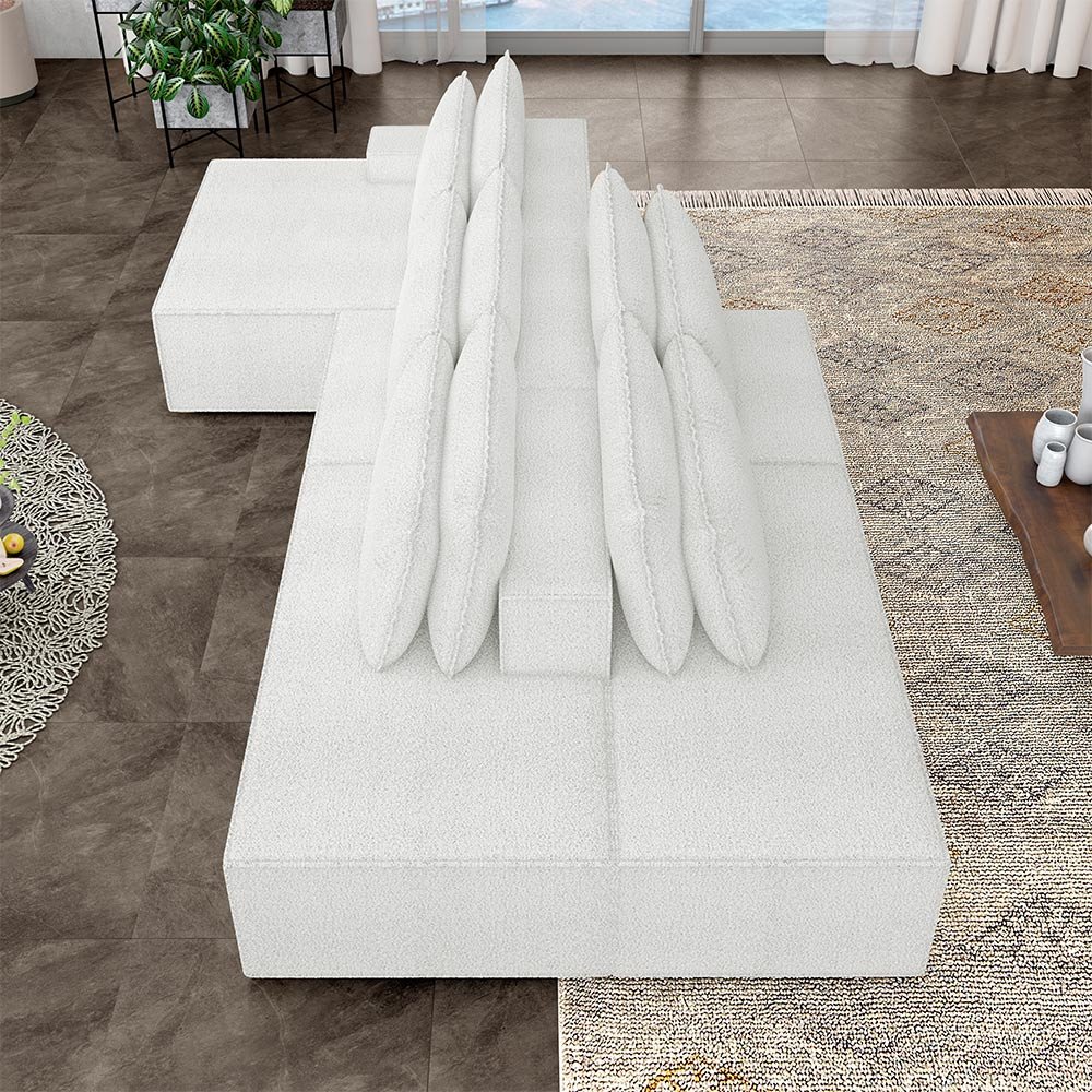 Sofá Ilha com Encosto e Almofadas Delta 395cm Modulado Chaise e Puffs Bouclê Off White G52 - Gran Be