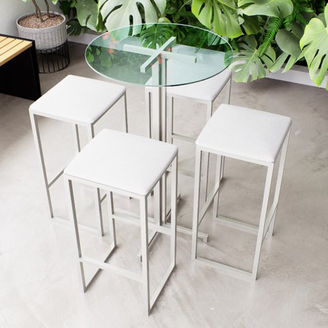 Conjunto Mesa Alta Bar Bistrô Redonda Vidro 4 Bancos Estofado Don Castro Decor