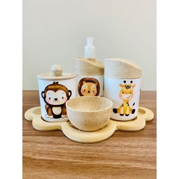 Kit Higiene Baby Safari Leão, Macaco, Girafa C/bandeja Nuvem Crua - 1