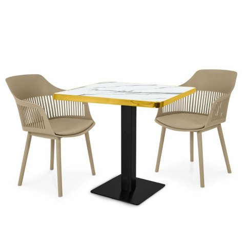 Conjunto Mesa de Jantar Quadrada Venezia 70x70cm Branca com 2 Cadeiras Estofadas Marcela - Nude