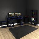 Ver imagem 1 de Kit Gamer Mesa em Curva P/ 2 Monitores + Estante + 2 Balcões Cor: Preto com Azul