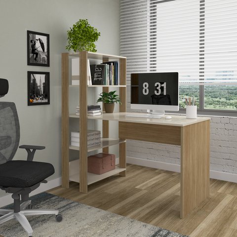 Escrivaninha Mesa Escritório com Estante Match 4 Prateleiras 120cm Off White E Carvalho