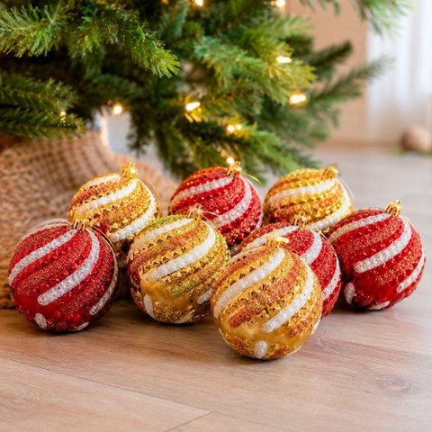 Bolas para Árvore de Natal Decoração Mista Glitter Vermelho e Dourado Plástico Kit 16PÇS