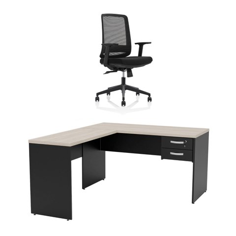 Mesa de Escritório em L 140x60cm com Gaveta + Cadeira Ergonômica Reclinável