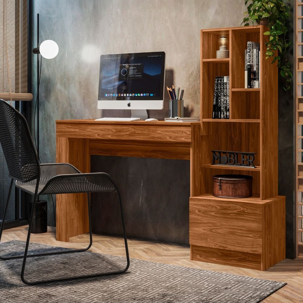 Escrivaninha Office Lion Com Biblioteca Teca Supremo - Ninho Decor
