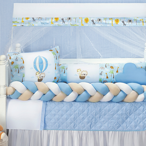 Kit Berço Safari Menino 11 Peças Estampado de Bichinhos + Naninha:azul