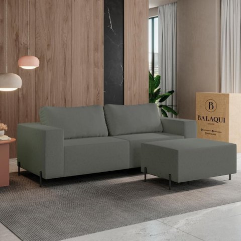Sofá 3 Lugares Sense Moderno Bouclê com Puff Balaqui Decor Cor:grafite