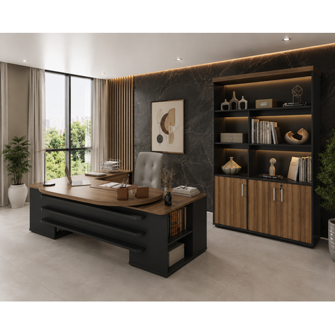 Conjunto Escritório Artany: Mesa Presidente e Estante c/ LED