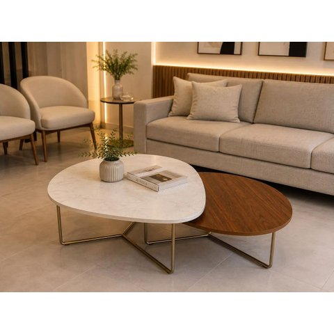 Kit 2 Mesa de Centro Orgânica Base Metal Dourado Luxo Branco Marmorizado/ Amadeirado