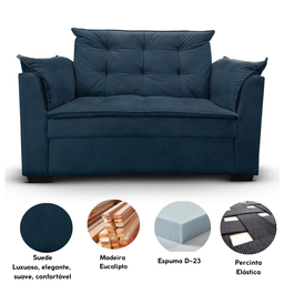 Sofá 2 Lugares para Sala Moderno Confortável Elegance Suede:azul Marinho - 6
