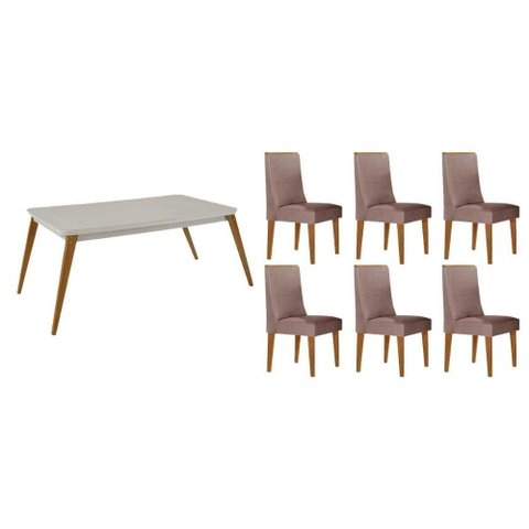 Sala Jantar Mesa Havana Tampo C/ Vidro Curvo 180cm+6 Cadeiras Dakota Madeira Naturale/off White -