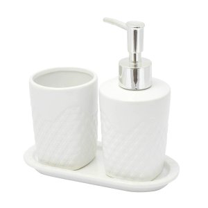 Kit Banheiro Lavabo Branco Cerâmica Dispenser 3 Peças Prata