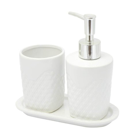 Kit Banheiro Lavabo Branco Cerâmica Dispenser 3 Peças Prata