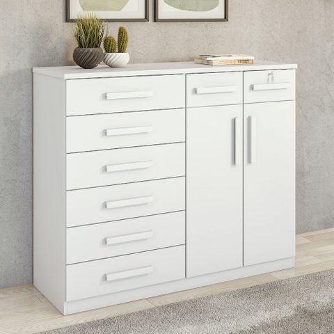 Cômoda para Quarto 8 Gavetas 2 Portas com Chave Estilo Clássico Toronto 142cm Branco