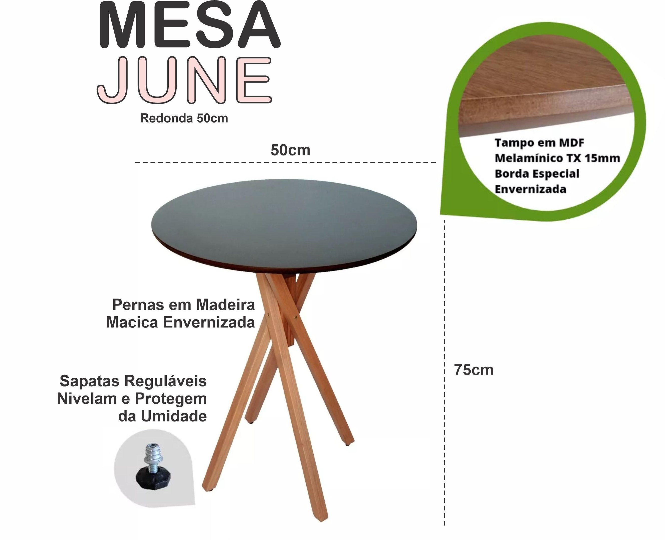 Mesa Redonda de Madeira - June de 50cm Cor Preta - 3