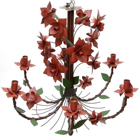 Lustre Rústico Artesanal Sala de Jantar Moderna com Flores 06 Lâmpadas - Vermelho