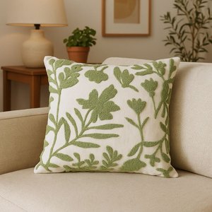 Capa de Almofada Tecido Garden Luxo Folhagens Creme e Verde 42x42cm - Jolitex