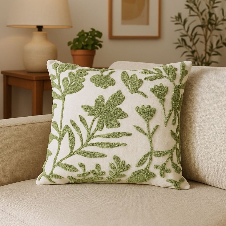 Capa de Almofada Tecido Garden Luxo Folhagens Creme e Verde 42x42cm - Jolitex Capa de Almofada Tecido Garden Luxo Folhagens Creme e Verde 42x42cm - Jolitex