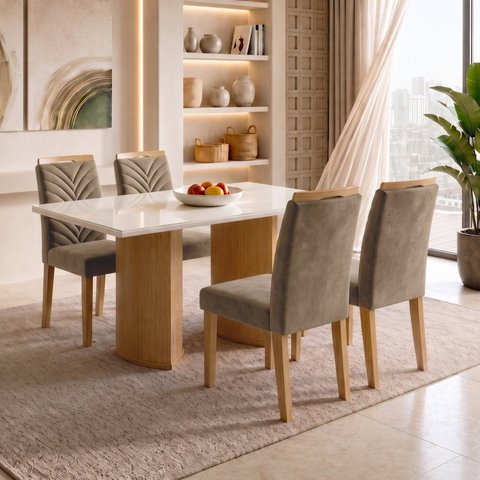 Conjunto Sala de Jantar 4 Lugares Retangular Tampo Vidro MDF 120x80cm Mesa Isla e Cadeiras Carol