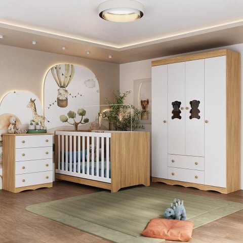 Quarto de Bebê Completo com Berço Americano 3 em 1 Doçura Multimóveis Mp4650 Madeirado/branco