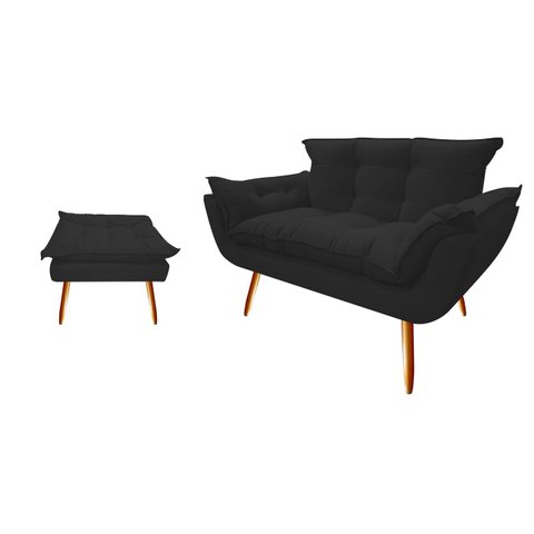 Kit Namoradeira +1 Puff Puf Decorativo Opala Suede Preto Pés Madeira Ms Decor