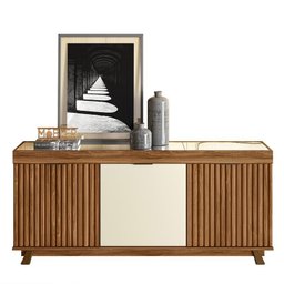 Sala de Estar Arcade Ripado Rack Bancada 1.8, Cristaleira e Buffet Cinamomo Mel/Off White - PR Móvei - 4 Sala de Estar Arcade Ripado Rack Bancada 1.8, Cristaleira e Buffet Cinamomo Mel/Off White - PR Móvei - 4