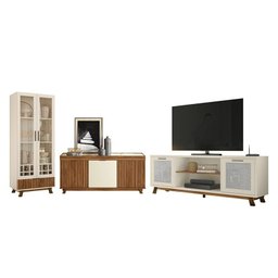 Sala de Estar Arcade Ripado Rack Bancada 1.8, Cristaleira e Buffet Cinamomo Mel/Off White - PR Móvei - 1 Sala de Estar Arcade Ripado Rack Bancada 1.8, Cristaleira e Buffet Cinamomo Mel/Off White - PR Móvei - 1