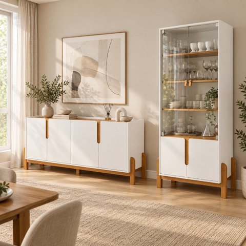 Conjunto Buffet + Cristaleira Lizz Branco Buffet 170 cm Casa D