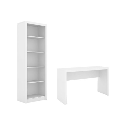 Escritório com Mesa para Computador Simples Gavetas com Armário Prateleiras Portas Branco - Fdecor