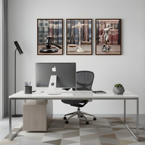 Kit 3 Quadros Justiça Advocacia 40x60 Moldura:tabaco