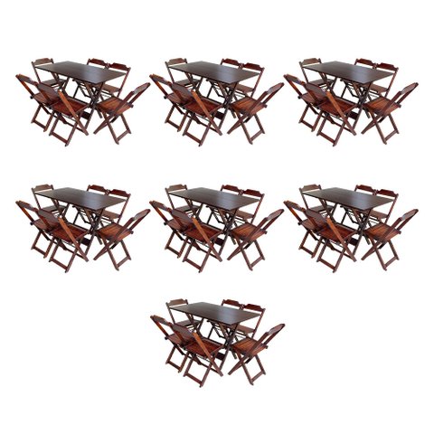 Kit 7 Conjuntos de Mesa Dobravel com 6 Cadeiras de Madeira 120x70 para Restaurante e Bar - Imbuia