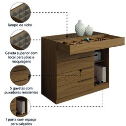 Cômoda 5 Gavetas com Porta Joias Organizador Tampo de Vidro Sevilha Aramóveis - 3