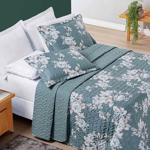 Kit Cobre Leito Colcha Celi King Dupla Face Micropercal 200 Fios 3 Peças - Verde Floral
