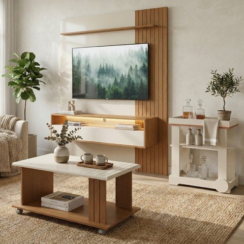 Conjunto Painel Tv 72" Ripado 160cm C/ Led, Mesa e Bar Cinamomo/off White