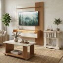 Ver imagem 1 de Conjunto Painel Tv 72" Ripado 160cm C/ Led, Mesa e Bar Cinamomo/off White