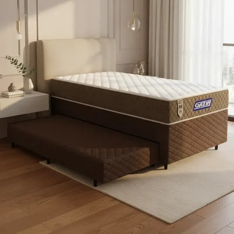 Cama Box + Colchão Gazin de Molas Ensacadas One Face Air Light + Auxiliar de Espuma Solteiro 88 cm
