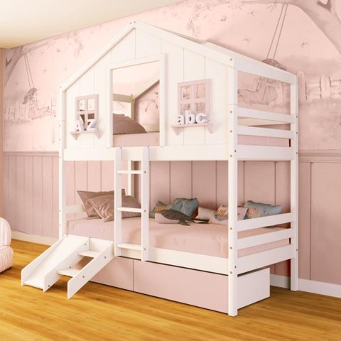 Beliche Casinha Dos Sonhos com 02 Gavetas Kit Escada/ Escorregador Madeira Maciça Branco/ Rosa