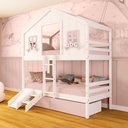 Ver imagem 1 de Beliche Casinha Dos Sonhos com 02 Gavetas Kit Escada/ Escorregador Madeira Maciça Branco/ Rosa