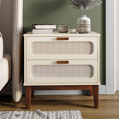 Mesa de Cabeceira Pés em Madeira Maciça Retrô 60 Cm Palhinha Indiana Santorini Off White