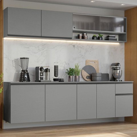 Armário de Cozinha Completa Suspenso 240cm Cinza