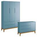 Ver imagem 1 de Cômoda Infantil e Guarda Roupa 3 Portas New Classic Azul com Pés Madeira – Reller