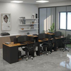 Estação de Trabalho 6 Lugares Office Smart 6 Mesas 4 Armários 1 Aparador - Preto e Cedro
