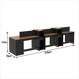 Estação de Trabalho 6 Lugares Office Smart 6 Mesas 4 Armários 1 Aparador - Preto e Cedro - 6