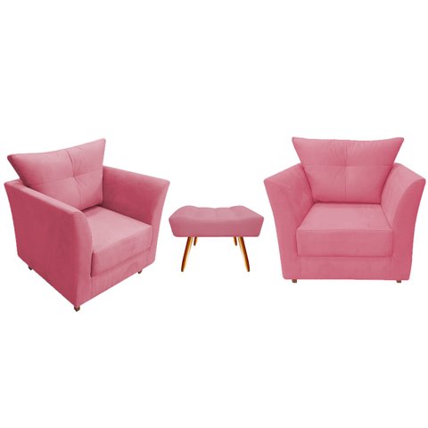 Kit 2 Poltronas Decorativa Isis + Puff Retangular Suede Rosa Pés Madeira Ms Decor