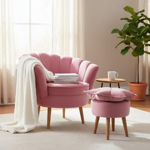 Poltrona Decorativa Pétala com Puff em Veludo Rosa Élpis Móveis