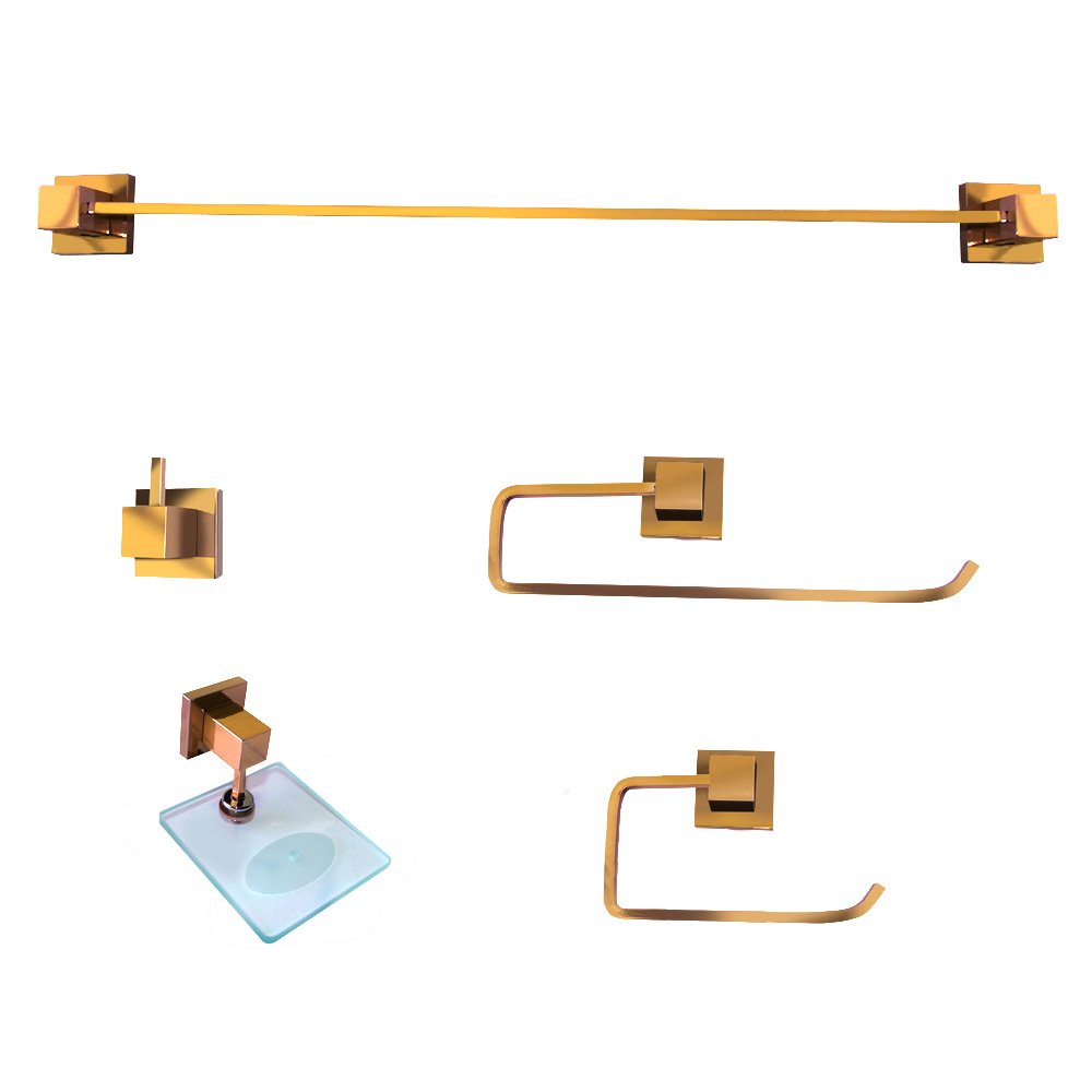 Kit Acessórios Banheiro Metal 5 Peças Luxo Quadrado Dourado - 1